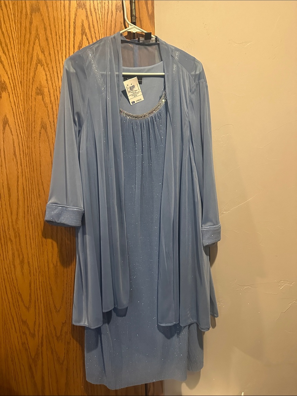 R & M Richards Pale Blue Long Sleeve Layered Evening Dress